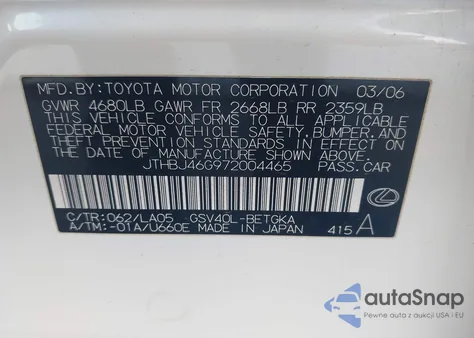 2007 Lexus Es 350 from USA, damaged, VIN JTHBJ46G972004465